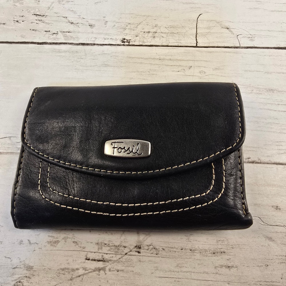 Fossil Black Leather Trifold Wallet Contrast Stitching ID Window Coin Pocket